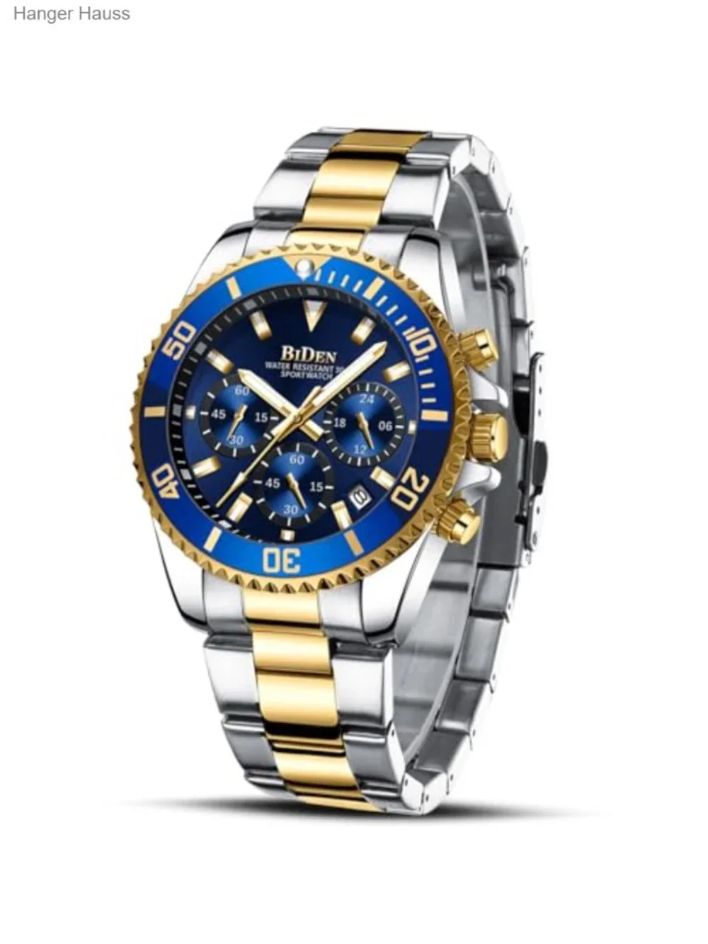 Men's Chronograph Watch Stainless Steel Gold Blue Waterproof Analog Quartz